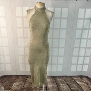 Capsulle Gold Metallic Halter Open Back Sleeveless Midi Bodycon Dress Large